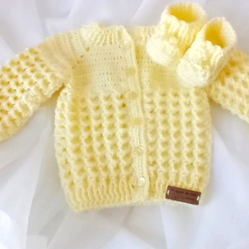 Yellow Crochet Baby Cardigan and Booties Set